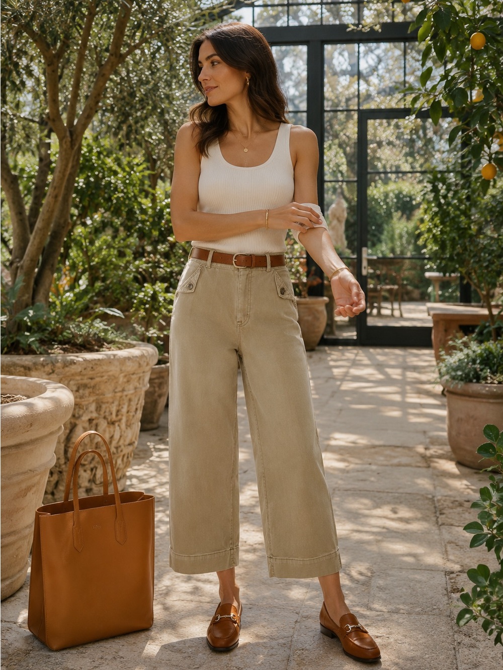 SPANX Khaki Wide Leg Cropped Utility Pants Shaping Stretch Small - Picture 1 of 6